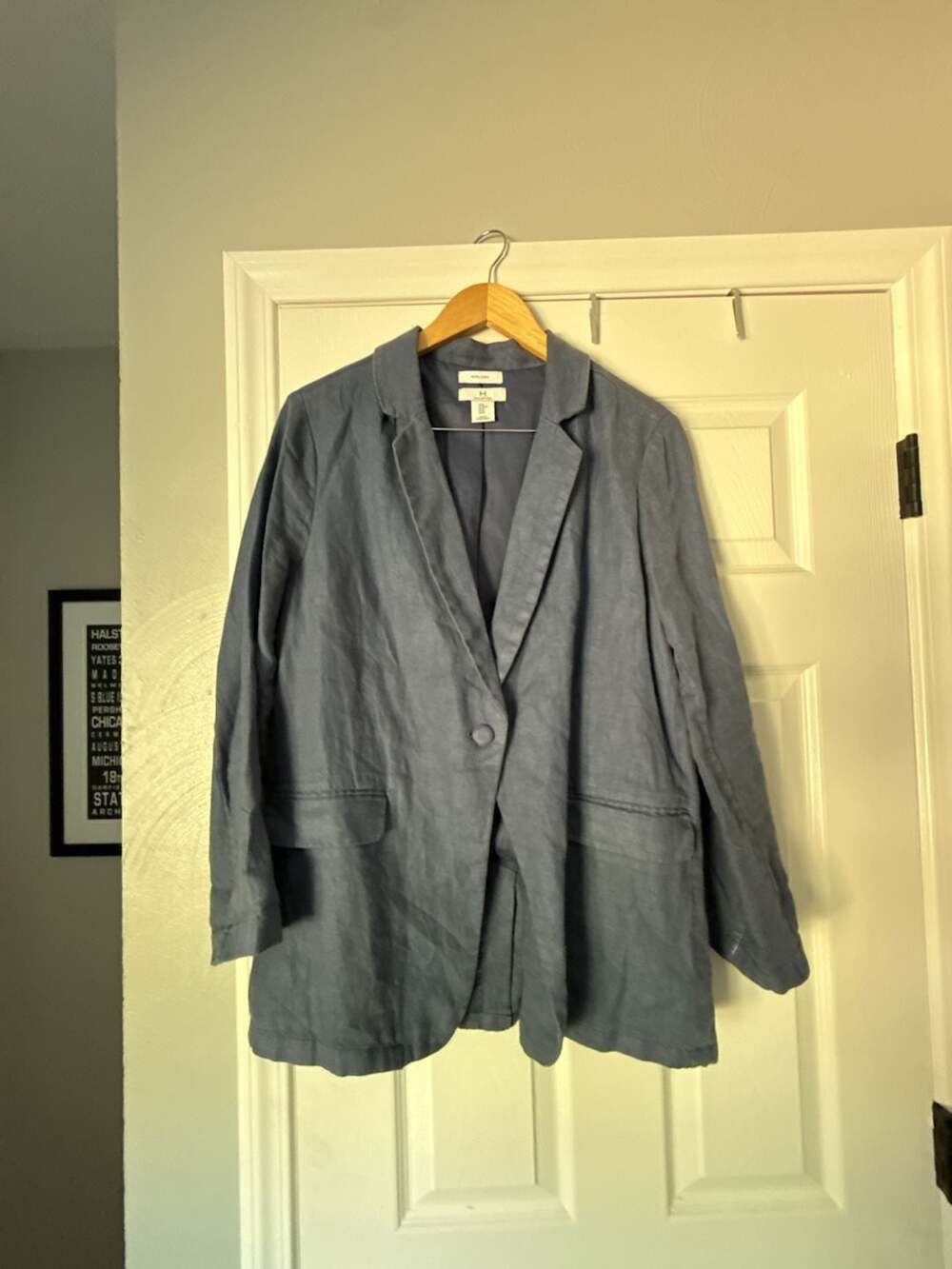 H Halston Women's Blue 100% Linen Single Button Blazer